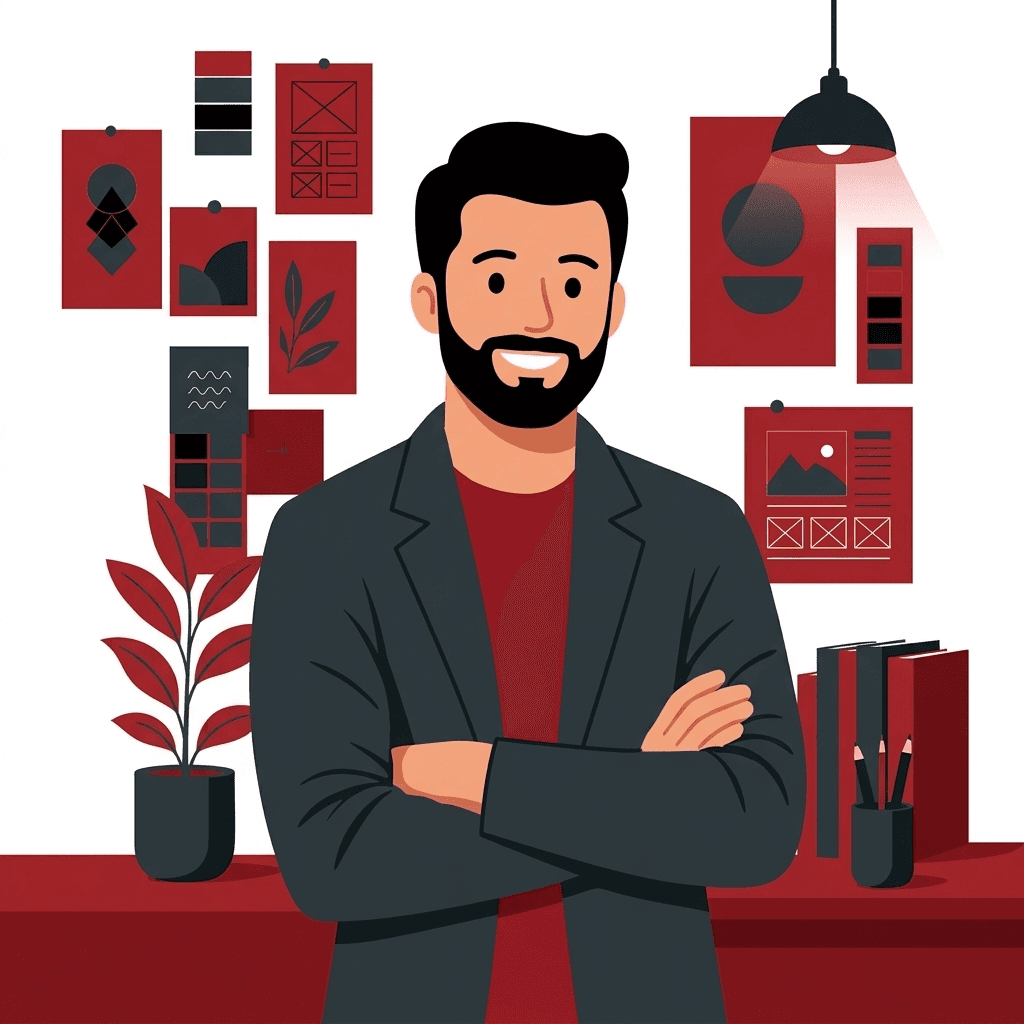 The founder of a small studio standing in front of a wall of design work, acting as the technology partner for small and medium businesses