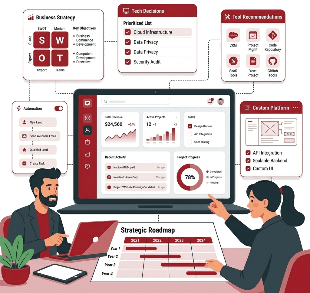 A fractional CTO working session: business strategy, prioritized tech decisions, tool recommendations, a custom platform spec, and a multi-year strategic roadmap