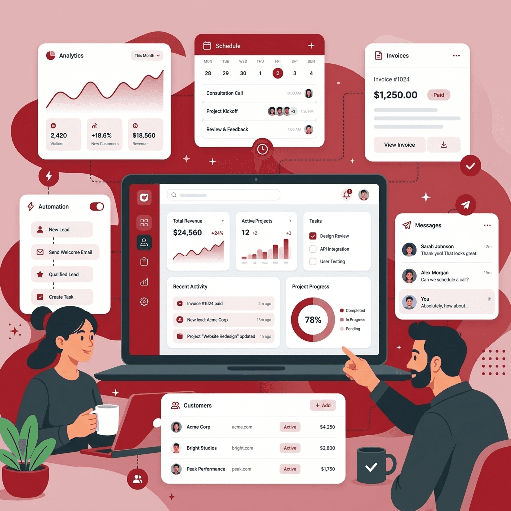 A business owner reviewing their dashboard: revenue, active projects, tasks, scheduling, invoices, automations, and customer activity all in one place
